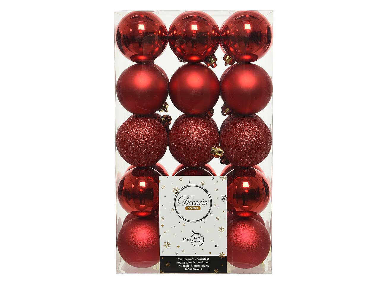 Palle di natale infrangibili finitura licida, opaca, glitterata e crespa colore rosso natalizio misura d.6cm - la confezione comprende 30 palle, 12 lucide, 6 opache, 6 glitterate e 6 crespe