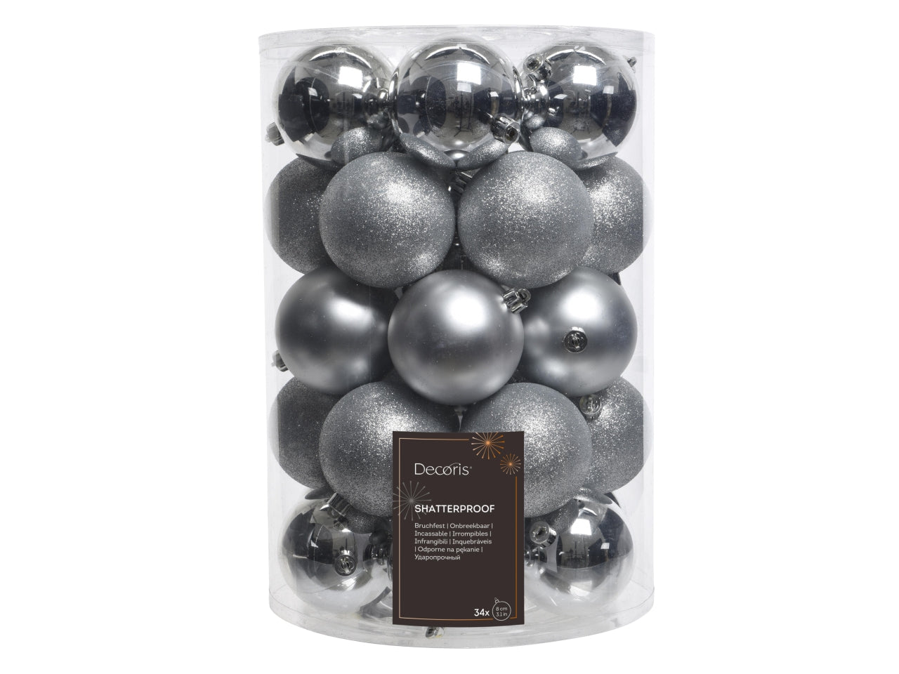 Palla di natale argentata lucida opaca glitterata in plastica d.8 cm, set da 34 palle - Decoris