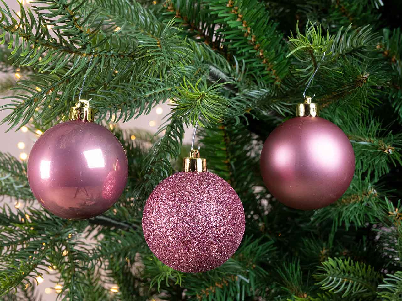 Palline di natale infrangibili finitura lucida, opaca e glitterata colore rosa velluto misura d.6cm