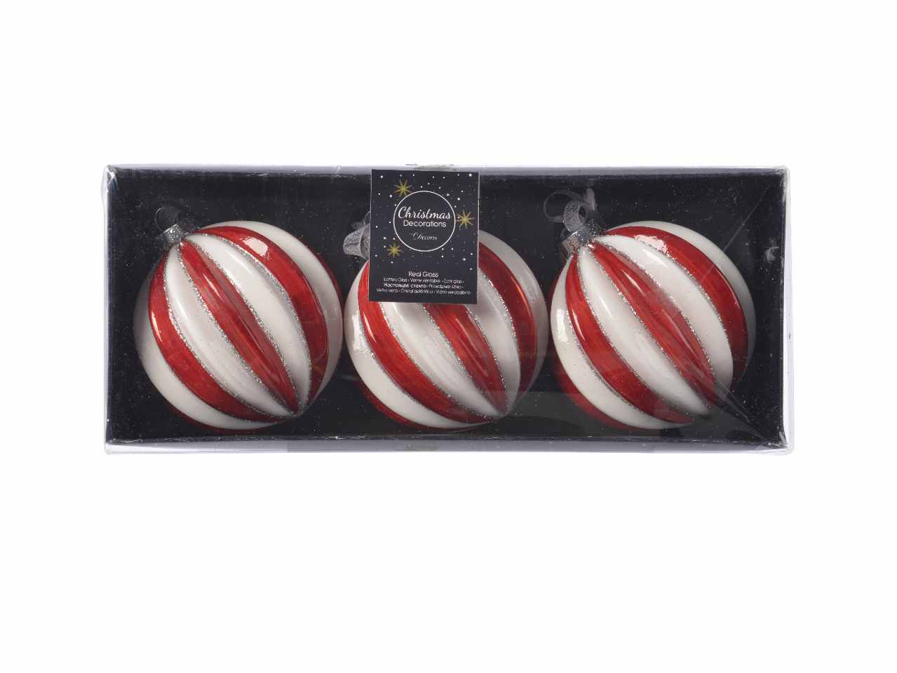 Sfera in vetro a spicchi rossi e bianchi glitter d.8cm rosso/ bianco. Confezione da 3 pezzi