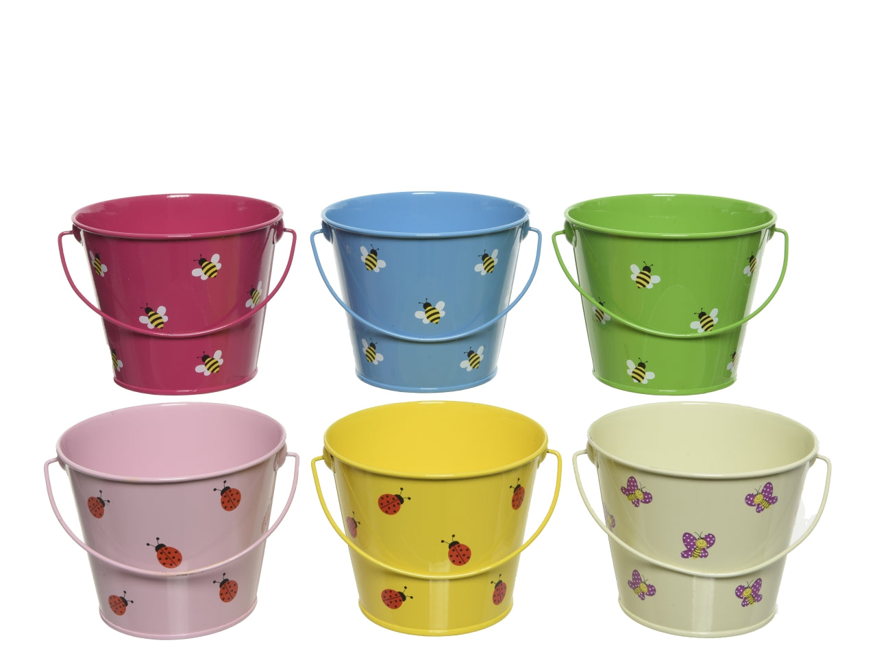 Secchiello in latta 12x10cm con decori farfalle, coccinelle,o api - disponibile in 6 colori
