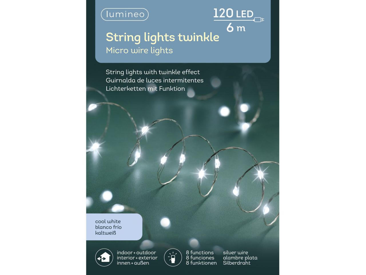 Luci natalizie micro catena led con 8 funzioni effetto scintillio colore argento bianco freddo misura lun.595cm misura del led micro numero di led 120