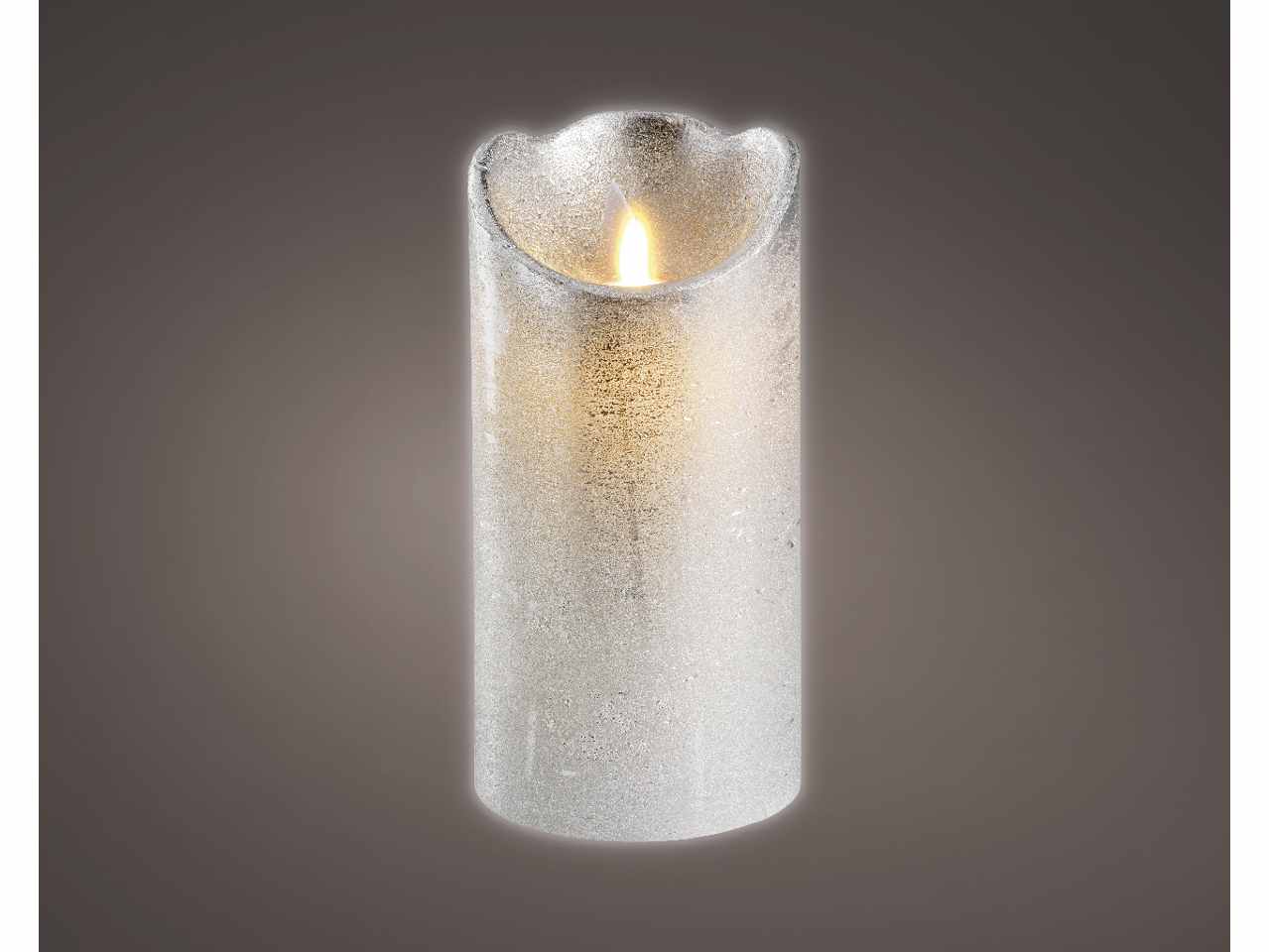 Candela glitterata argento led 15xd.7,5cm con funzionamento a batteria e uso interno bianco caldo