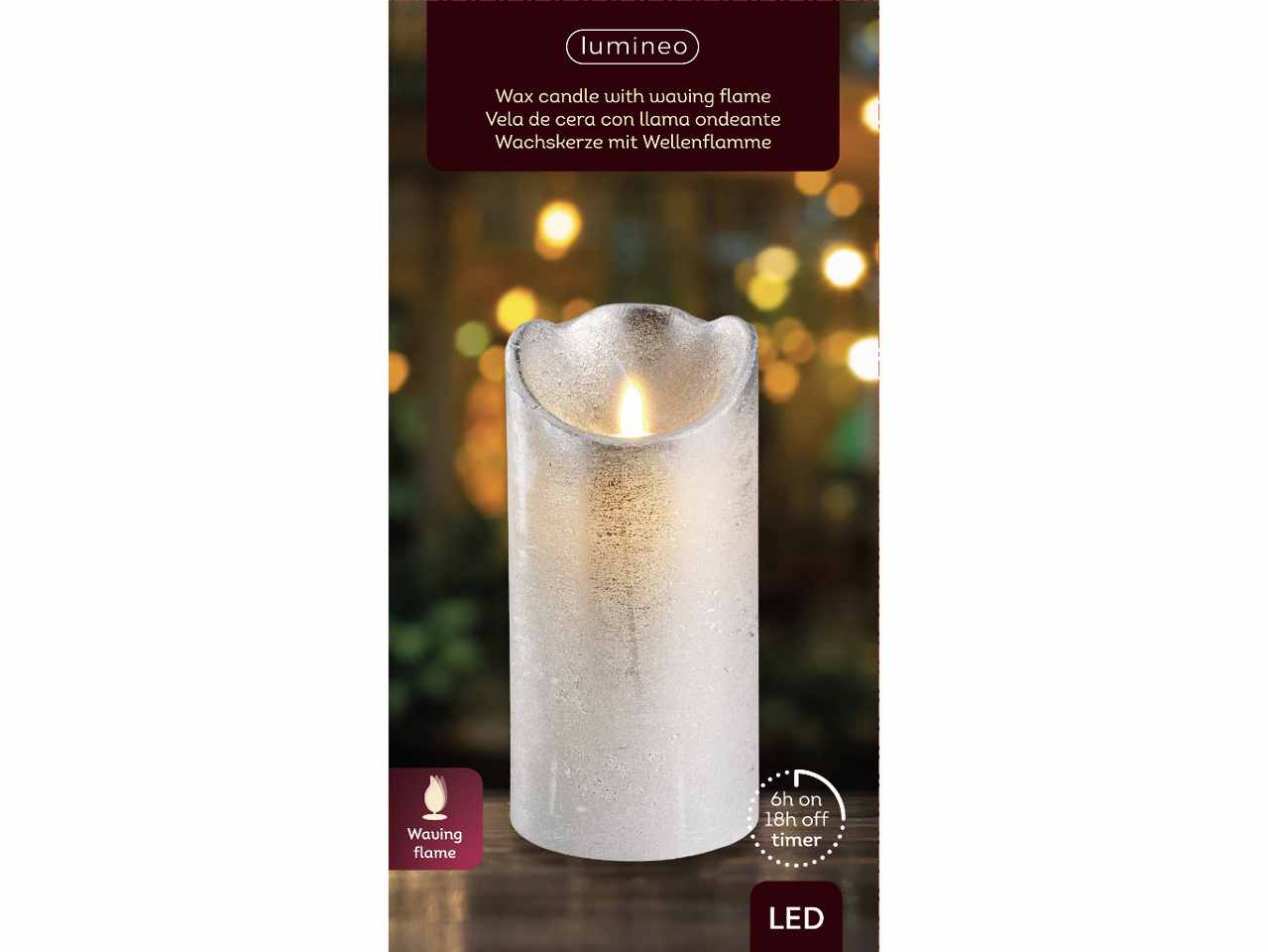 Candela glitterata argento led 15xd.7,5cm con funzionamento a batteria e uso interno bianco caldo