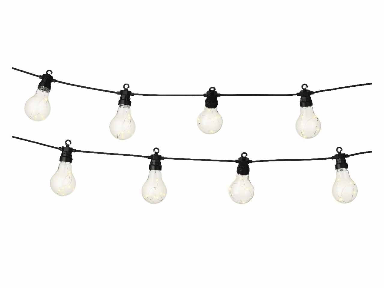 Catena lineare per feste 20 lampadine led luce fissa bianco caldo per esterno, cavo nero lungo 500cm.