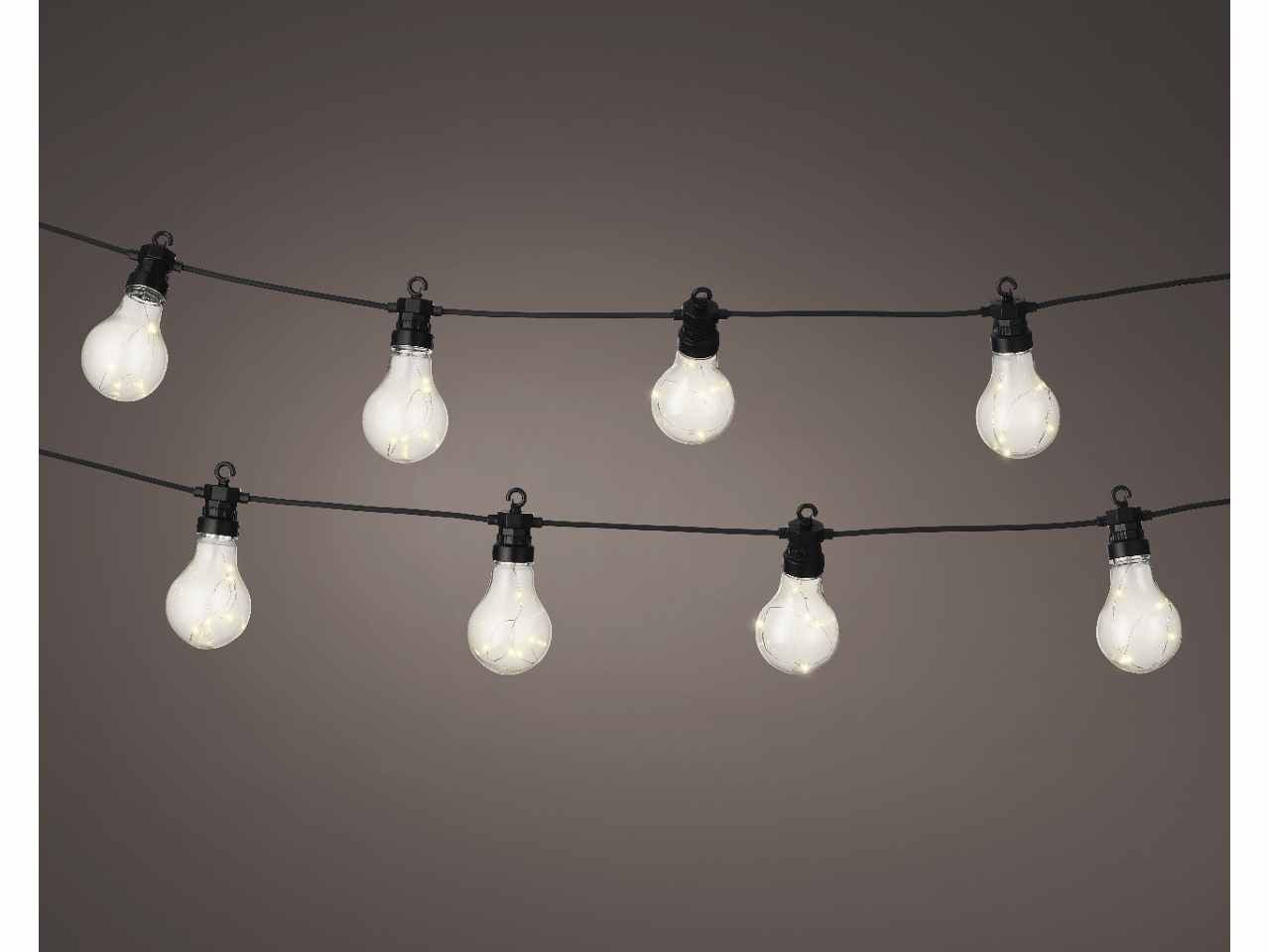 Catena lineare per feste 20 lampadine led luce fissa bianco caldo per esterno, cavo nero lungo 500cm.