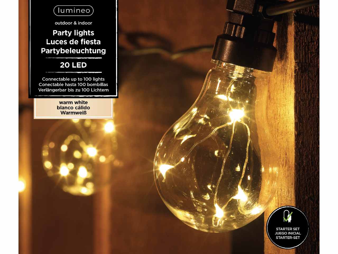 Catena lineare per feste 20 lampadine led luce fissa bianco caldo per esterno, cavo nero lungo 500cm.