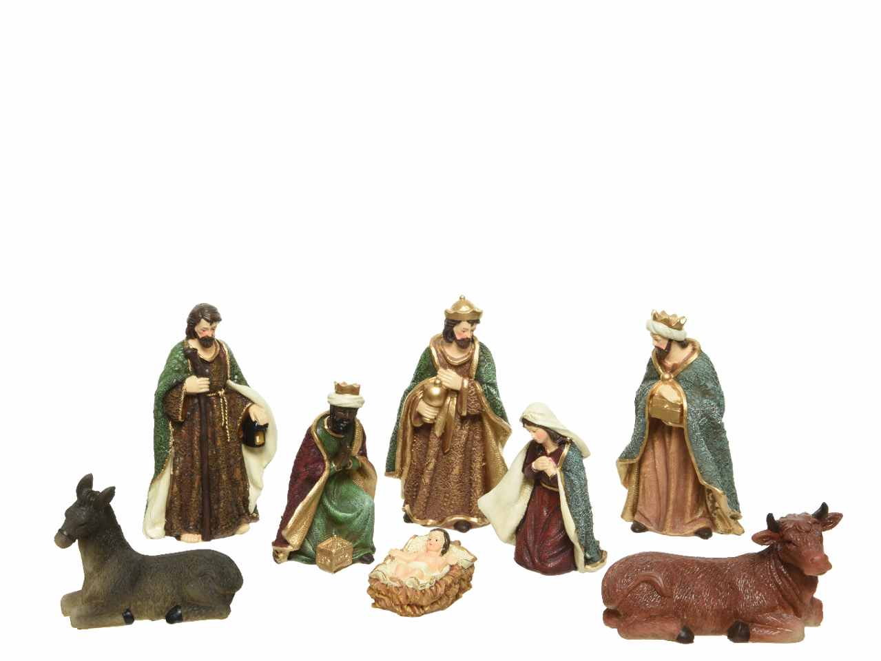 Nativita' in poliresina composta da figura di maria,san giuseppe, gesu', re magi, bue e asinello 11x7x20cm