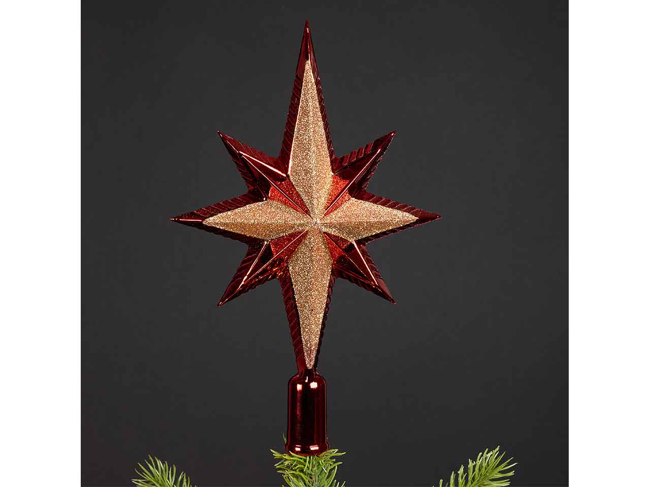 Puntale infrangibile glitterato colore rosso natalizio misura lun.6.5cm x lar.14.5cm x alt.25.5cm