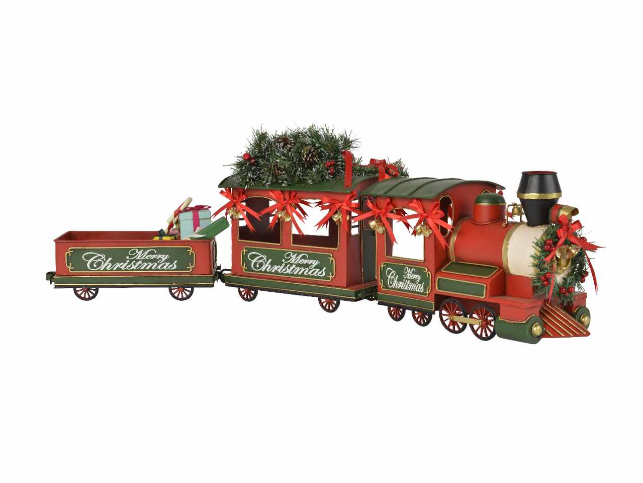 Modellino di treno in ferro con pacchi regalo pigne bacche  e campane colore rosso misura lun.92cm x lar.16.3cm x alt.30cm