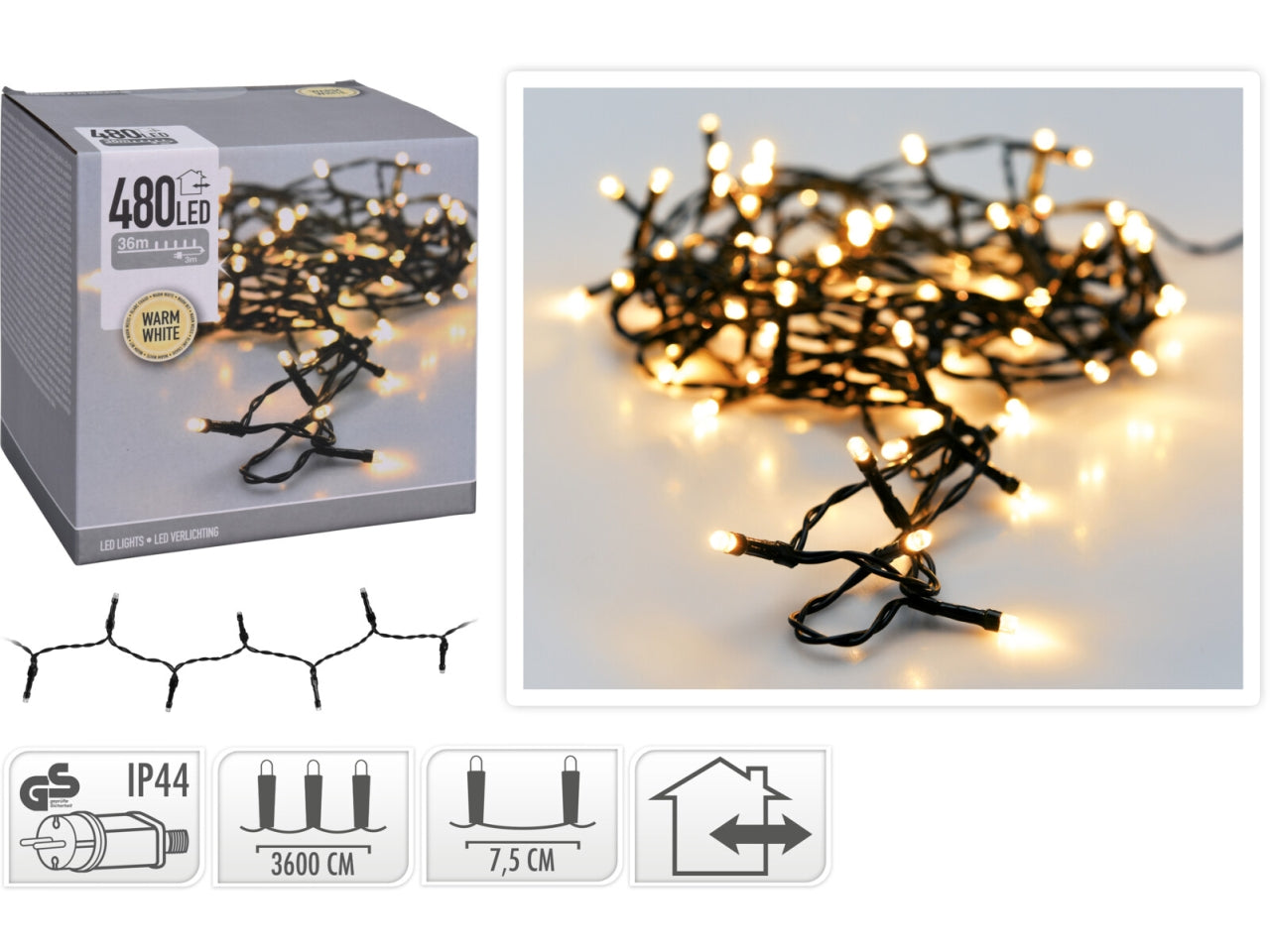 480led bianco caldo, distanza led 7,5cm, cavo guida 3mt, cavo verde, per uso interno/esterno