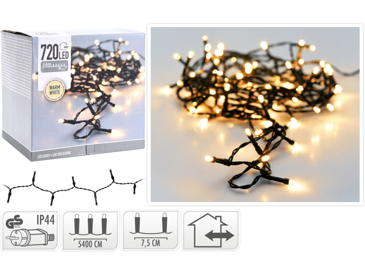 720led bianco caldo, distanza led 7,5cm, cavo guida 3mt, cavo verde, per uso interno/esterno