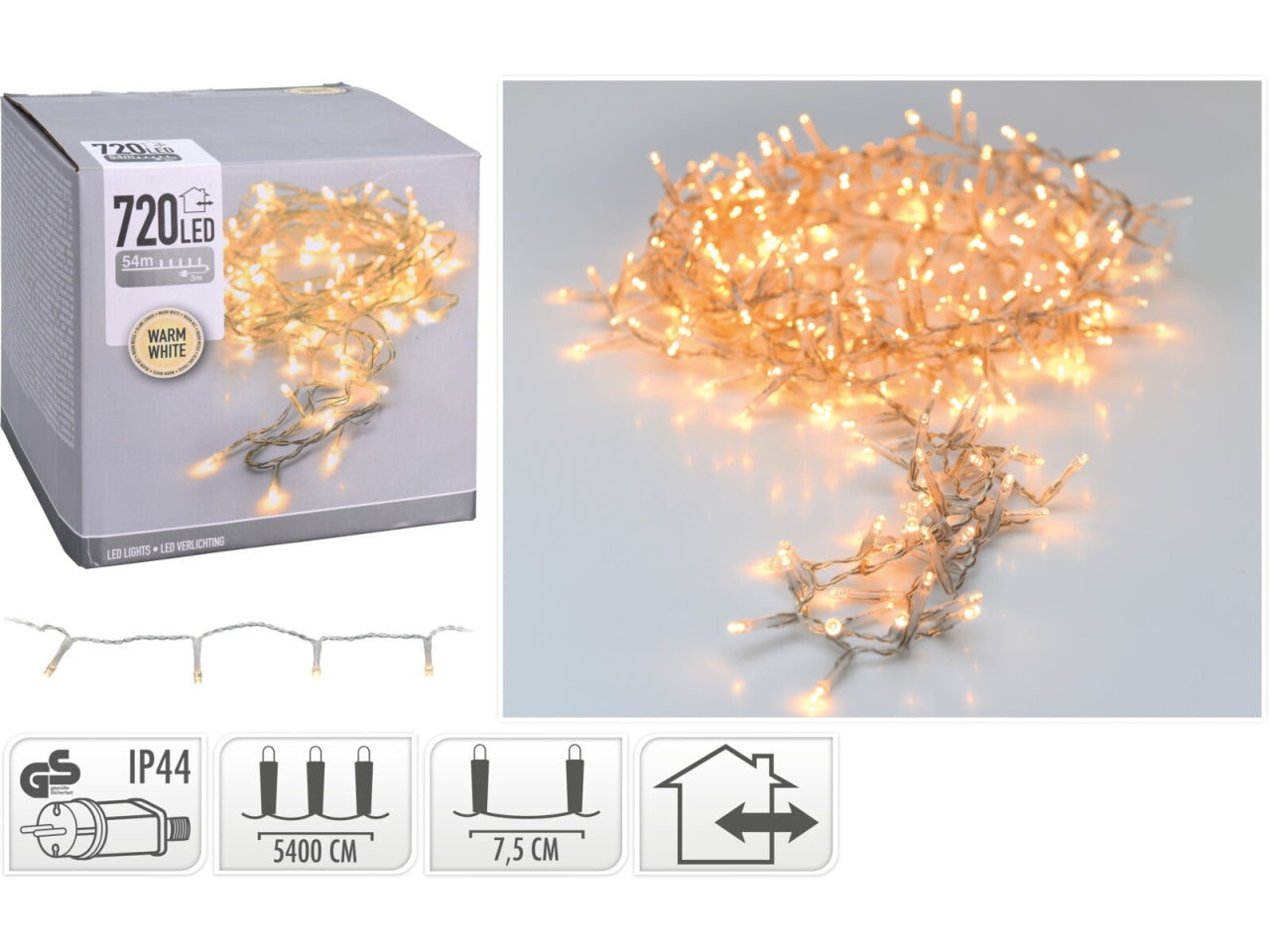 720led bianco caldo, distanza led 7,5cm, cavo guida 3mt, cavo trasparente, per uso interno/esterno