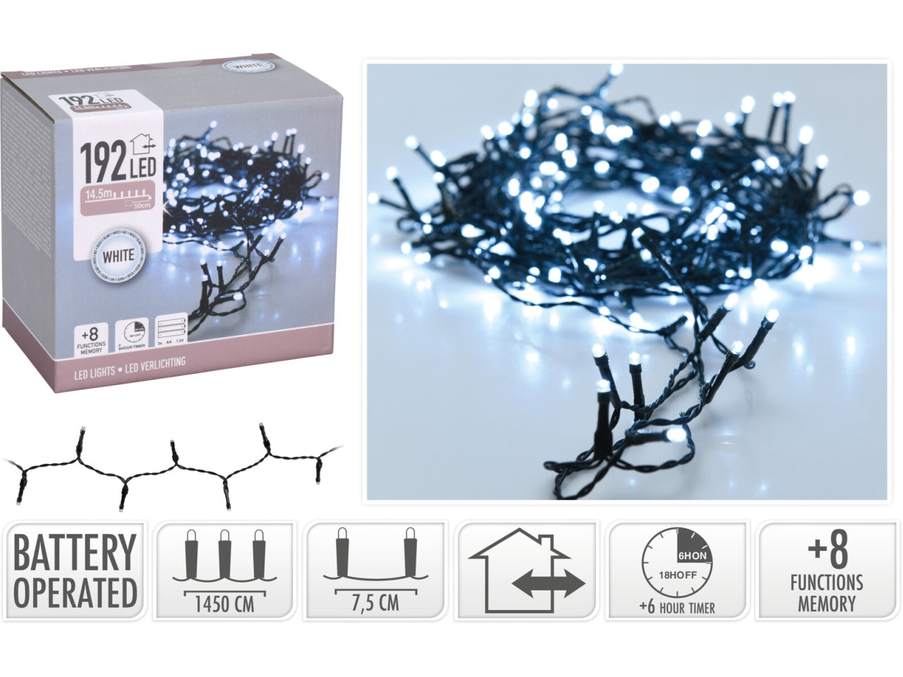 Catena di luci 192led bianco a batteria con gioco di luci