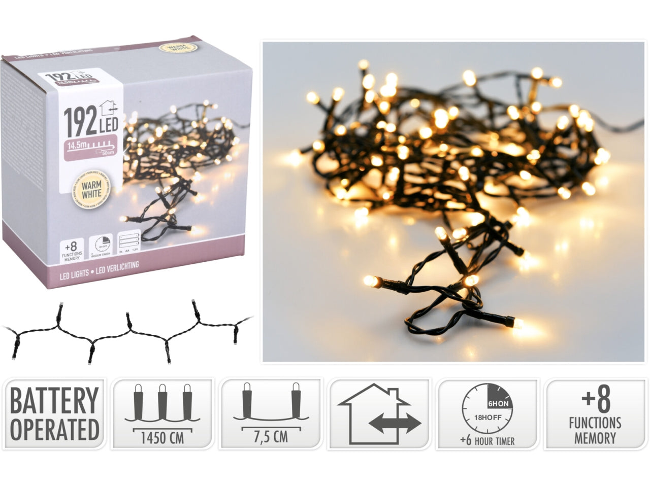 Catena di luci 192led bianco caldo a batteria con gioco di luci