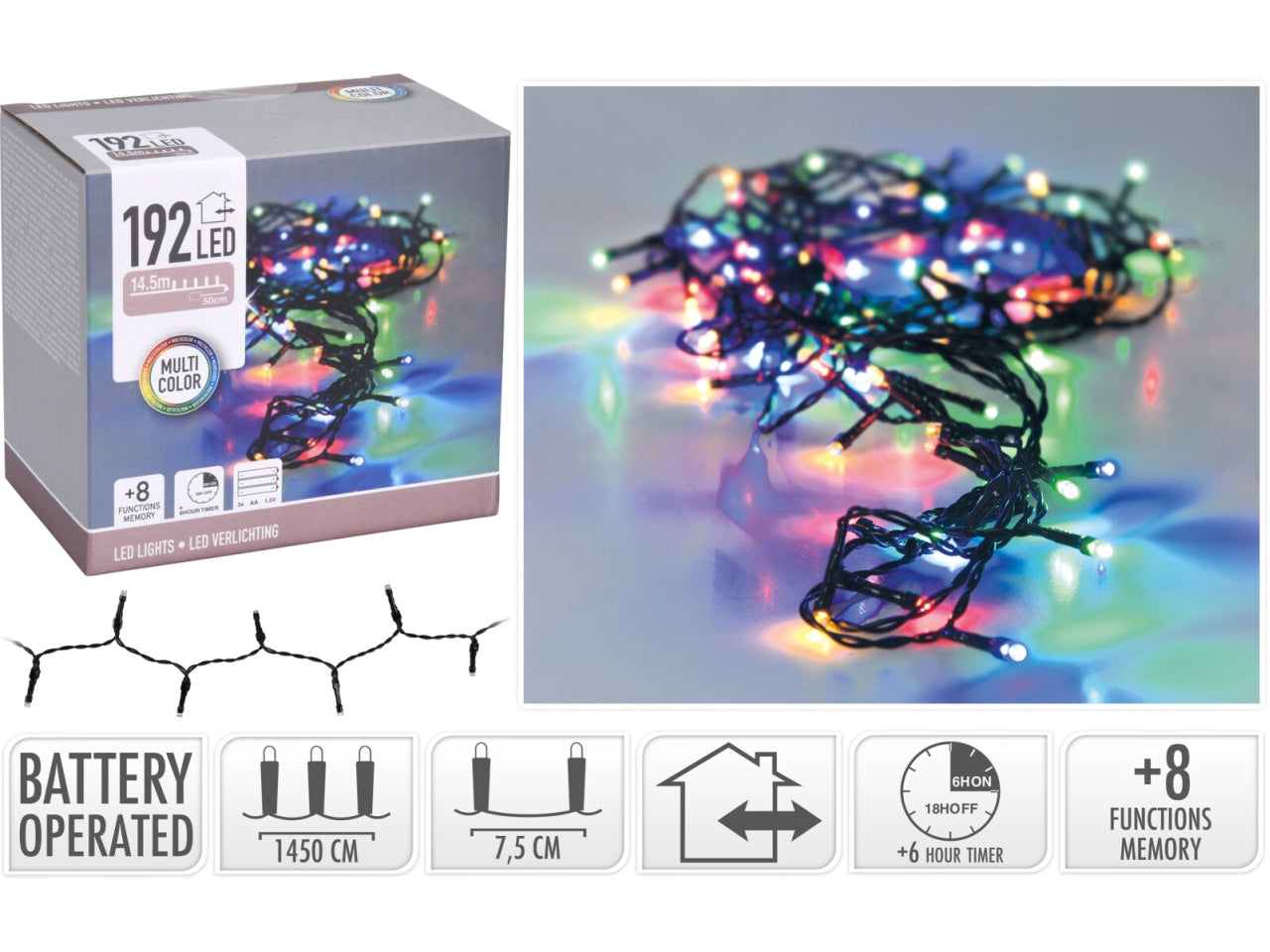 Catena di luci 192led multicolor a batteria con gioco di luci