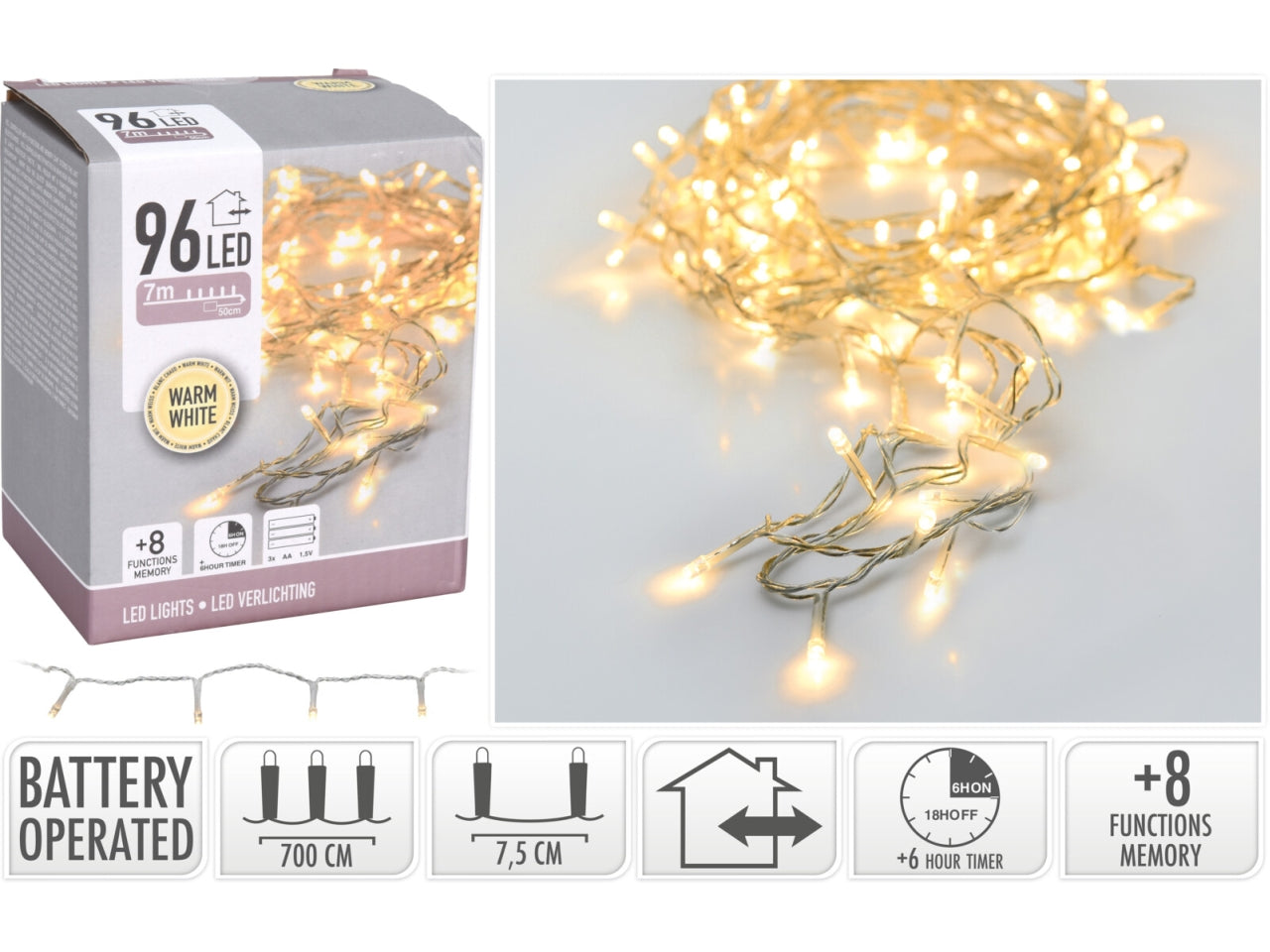 Catena di luci 96led bianco caldo cavo trasparente a batteria