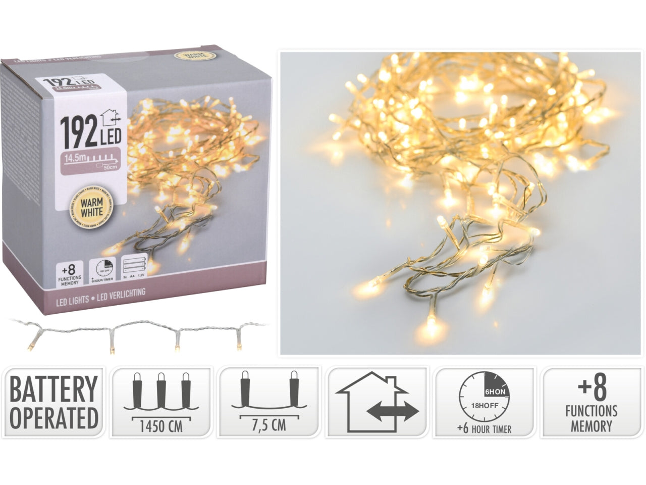 Catena di luci 192led bianco caldo con cavo trasparente a batteria