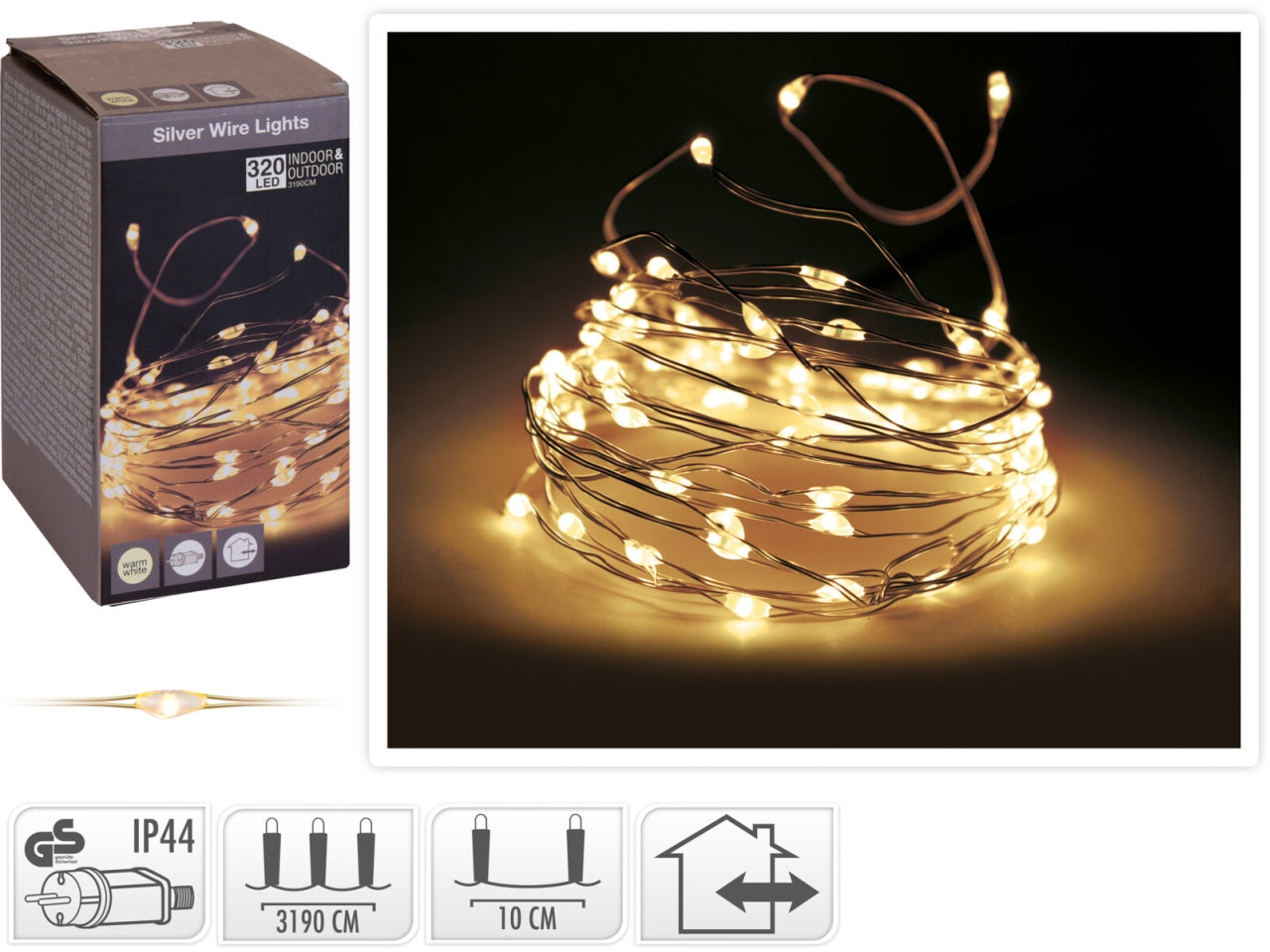 Filo metallo argento 320 microled bianco caldo, distanza led 10cm, cavo guida 3mt, per uso interno/esterno