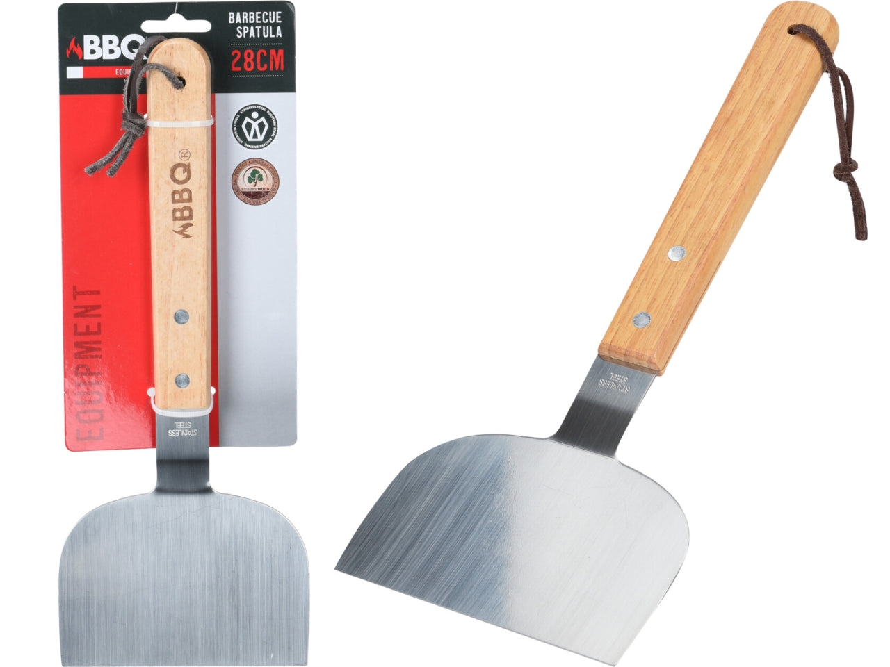 Spatola per Barbecue in Acciaio Inox con Manico in Legno e Gancio in Cuoio, Design Pratico - 28x12cm