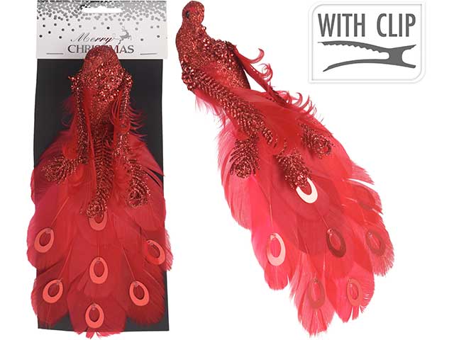 Pendente natalizio clip pavone rosso 6x5x25cm