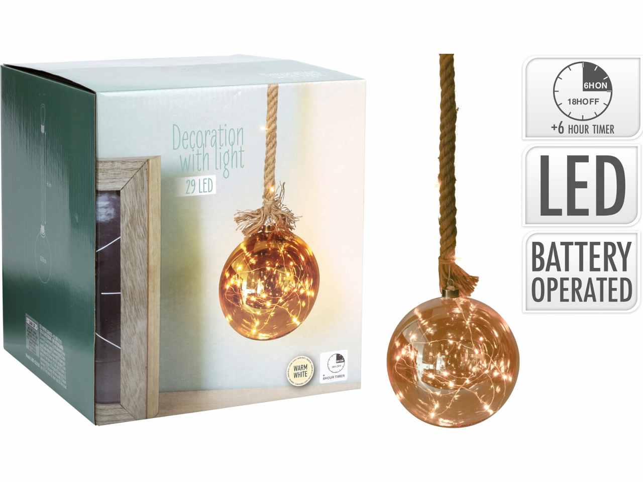 Sfera vetro 20cm con 29led bianco caldo e abr522550