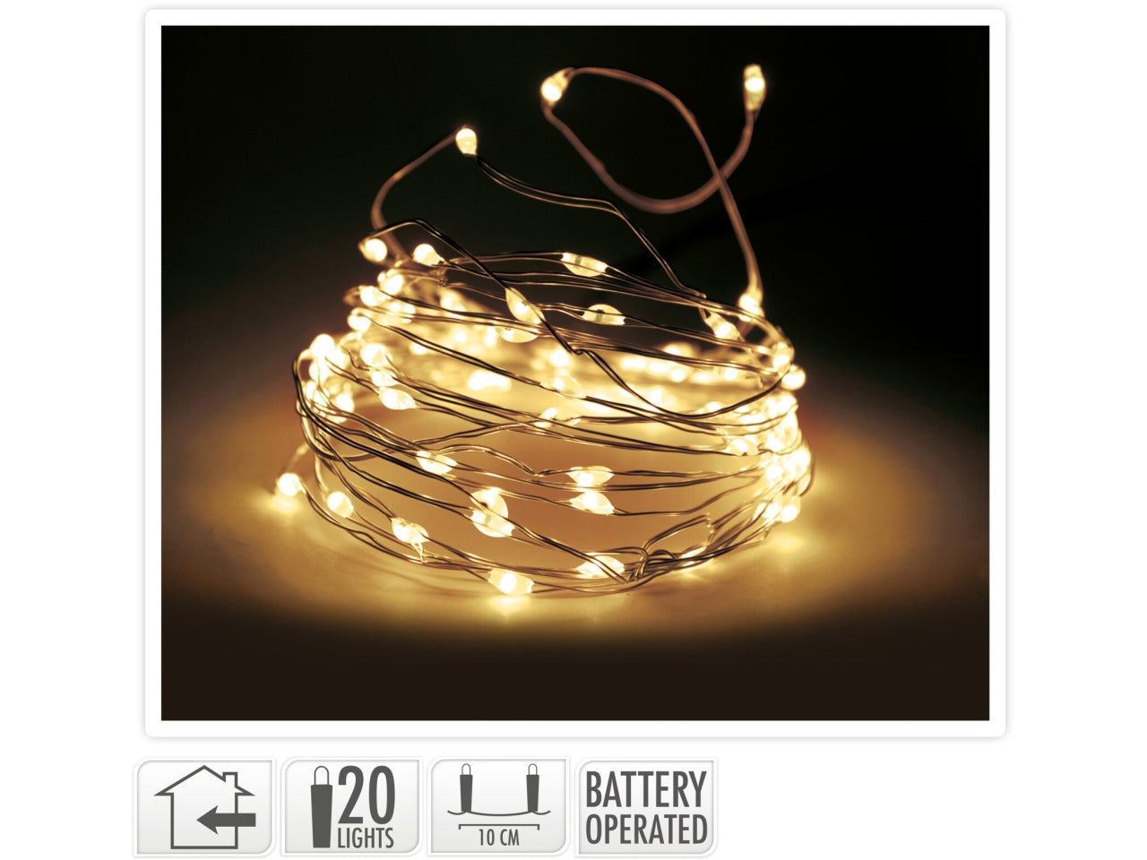 Cavo metallo argento 20 led bianco caldo, distanza led 10cm, cavo guida 10cm, funzionamento a batteria (2x cr2032 incluse) per uso interno