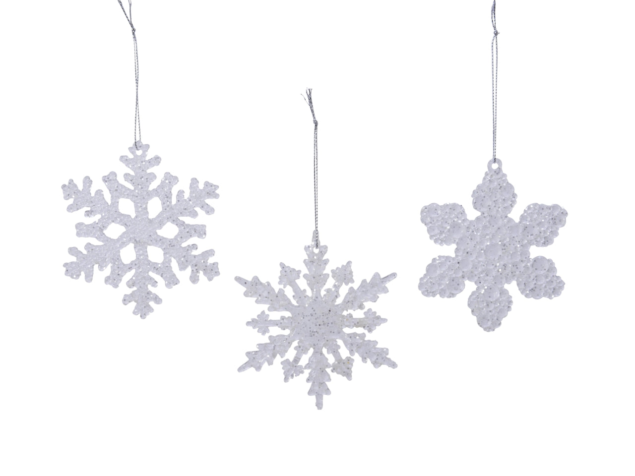Pendente fiocco di neve 0,5x10x10cm glitterato argento in 3 assortimenti