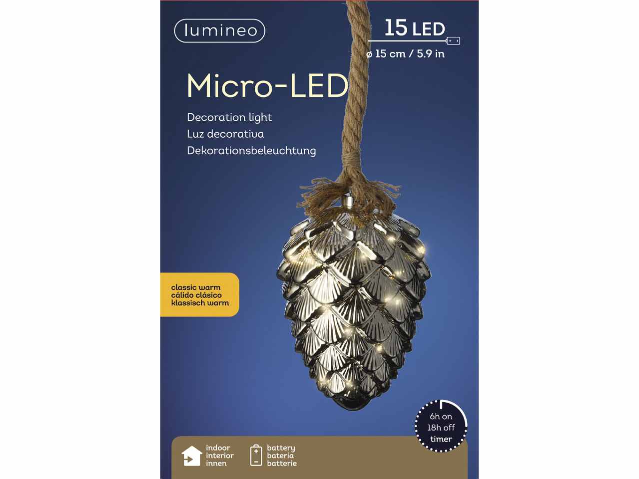 Pigna 21xd.15cm con microled bianco caldo con funzionamento a batteria, uso interno