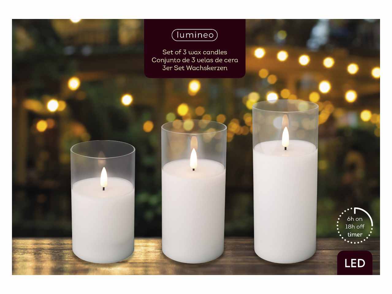 Candele bianche set da 3 pezzi led bianco caldo in bicchiere di vetro h.12,5-15-17,5cmxd.7,5cm