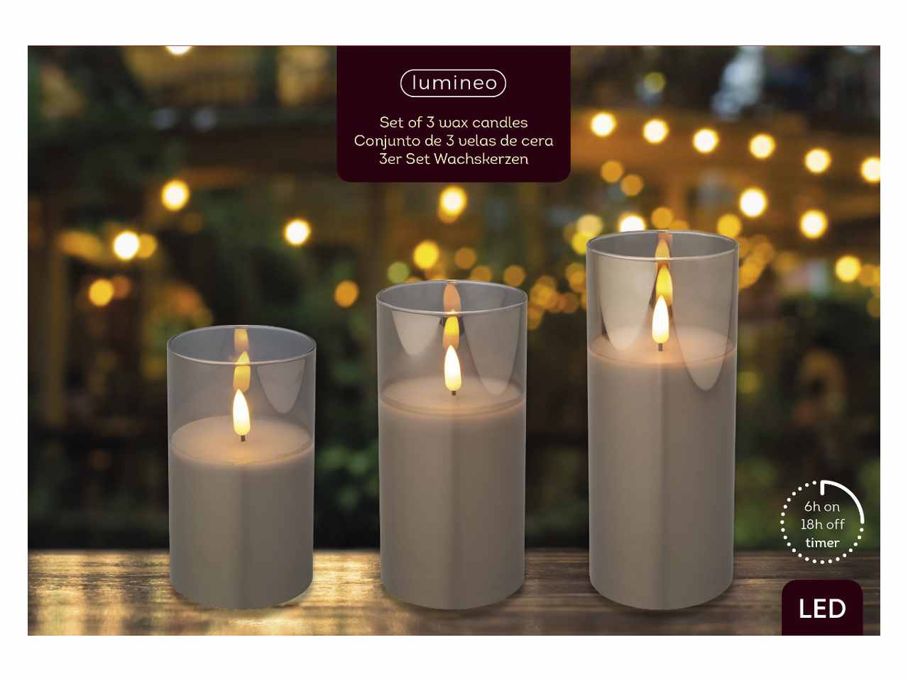 Candele grigie set da 3 pezzi led bianco caldo in bicchiere di vetro h.12,5-15-17,5cmxd.7,5cm