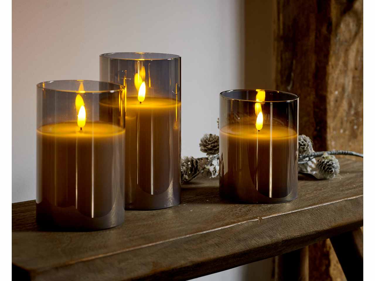 Candele grigie set da 3 pezzi led bianco caldo in bicchiere di vetro h.12,5-15-17,5cmxd.7,5cm