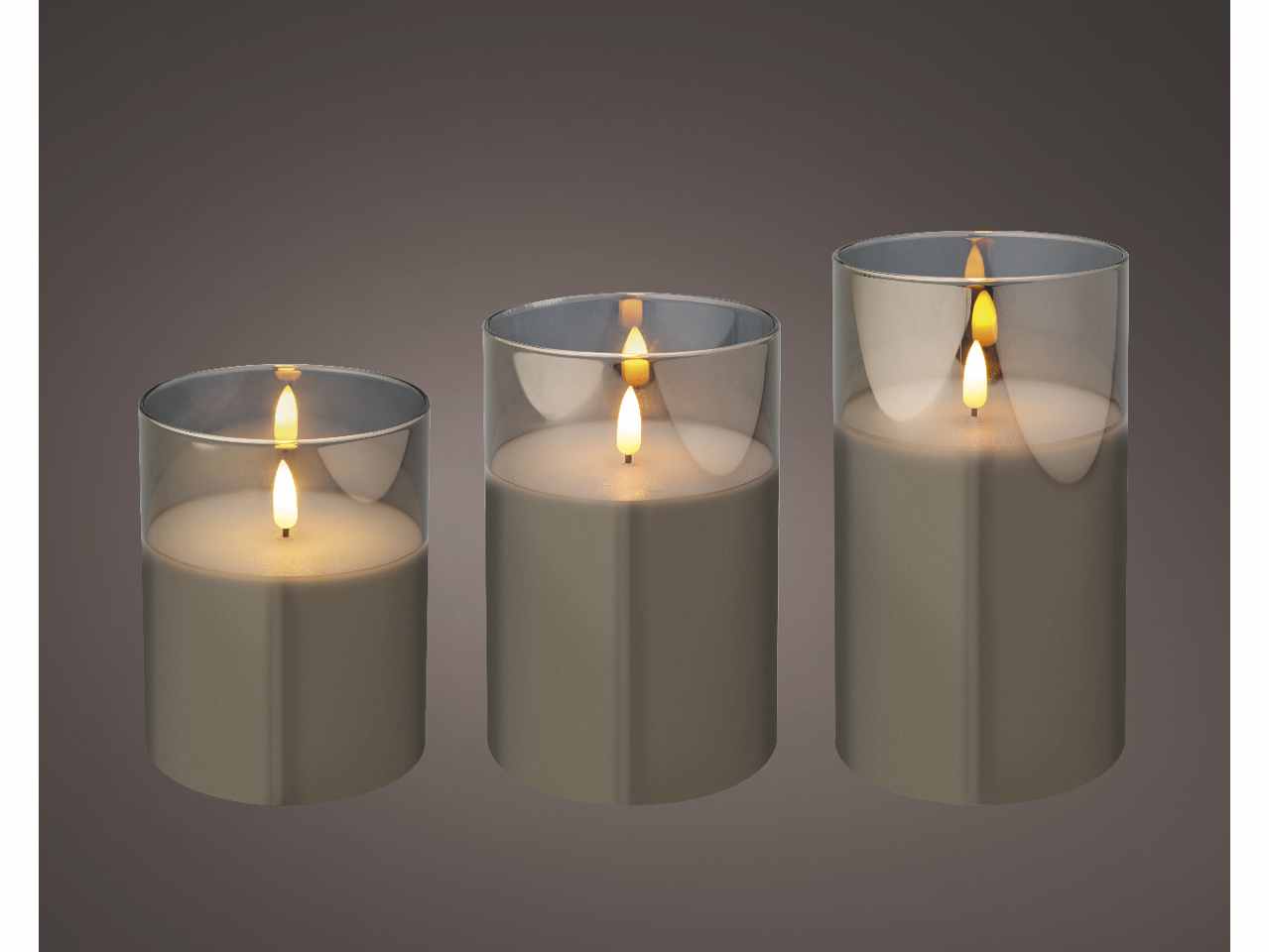 Candele grigie set da 3 pezzi led bianco caldo in bicchiere di vetro h.12,5-15-17,5cmxd.10cm
