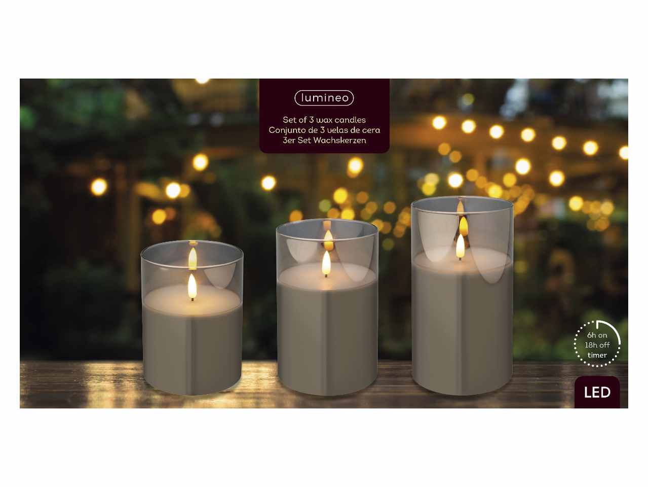 Candele grigie set da 3 pezzi led bianco caldo in bicchiere di vetro h.12,5-15-17,5cmxd.10cm