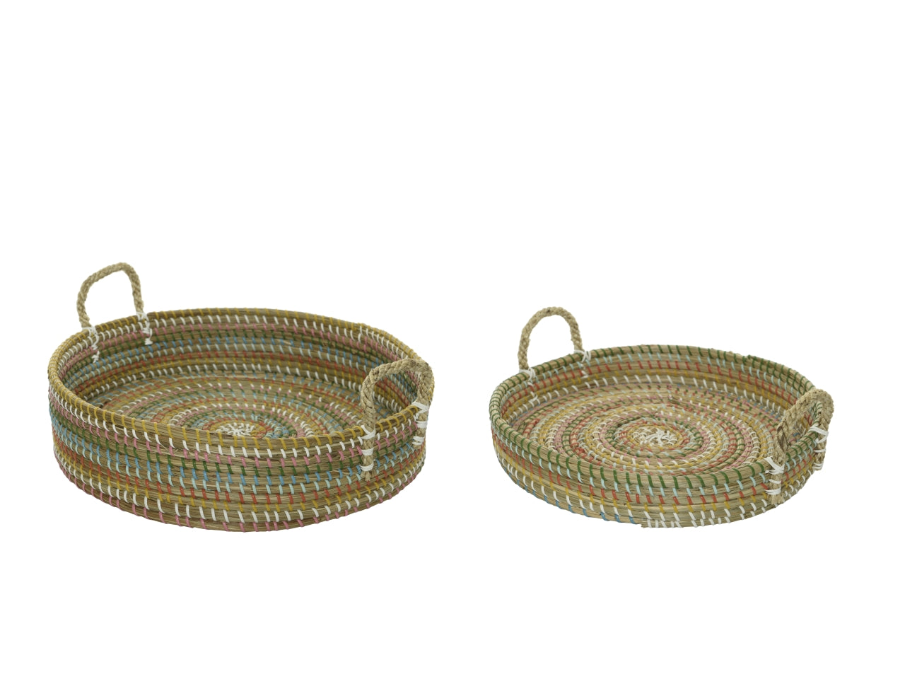 Set da 2 - Cesto vassoio decorativo rotondo in erba marina, stile etnico con fasce multicolori - d.45xh.11cm e d.40xh.7cm - Kaemingk