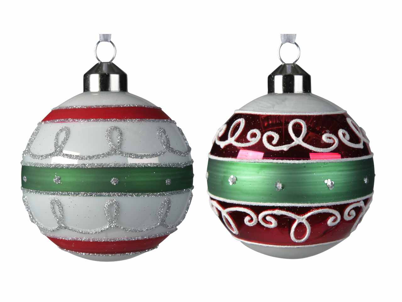 Sfera in vetro bianco, rossa e verde con glitter d.8cm