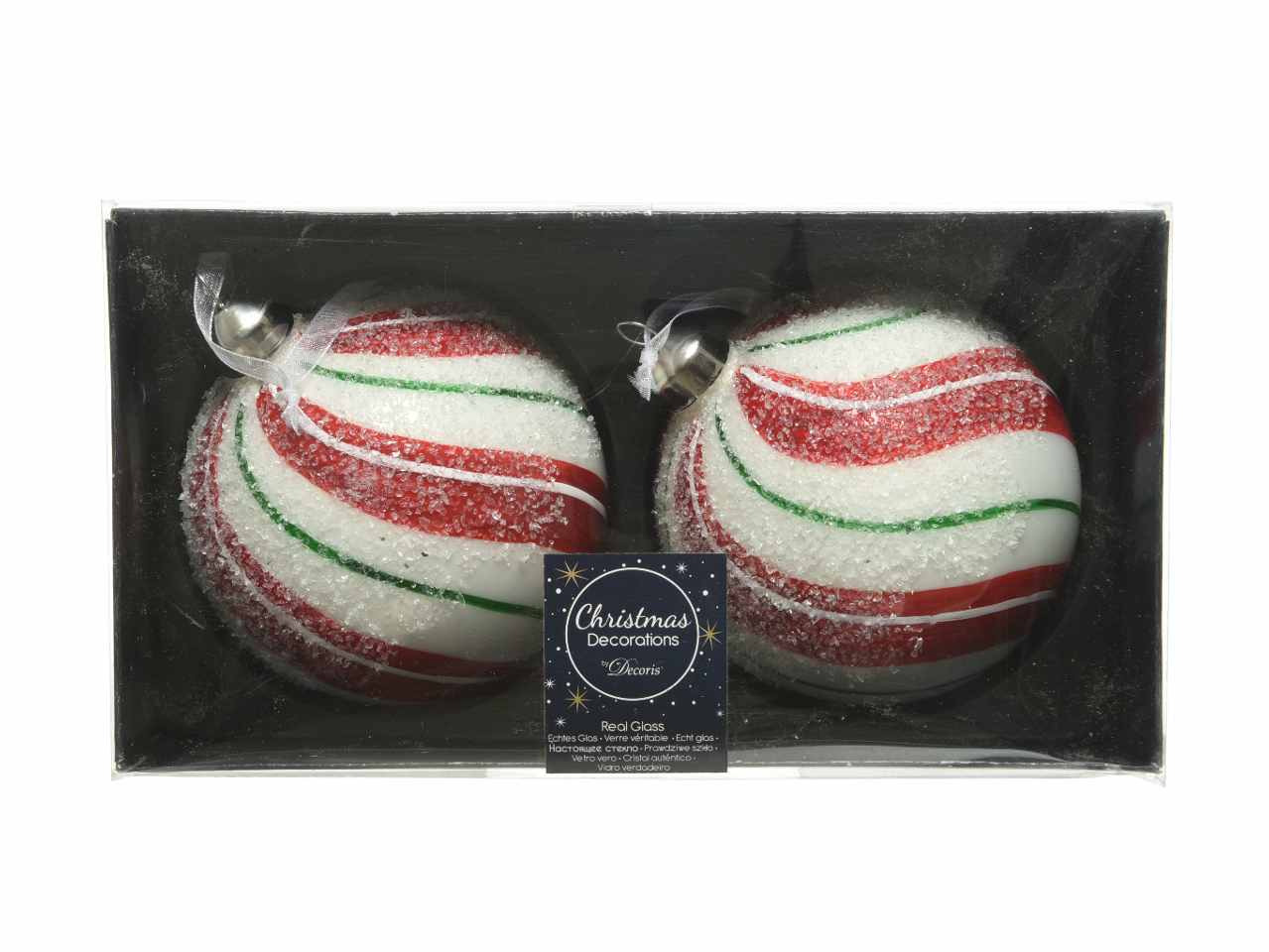Sfera in vetro d.10cm rosso, bianco e verde. confezione da 2 pezzi