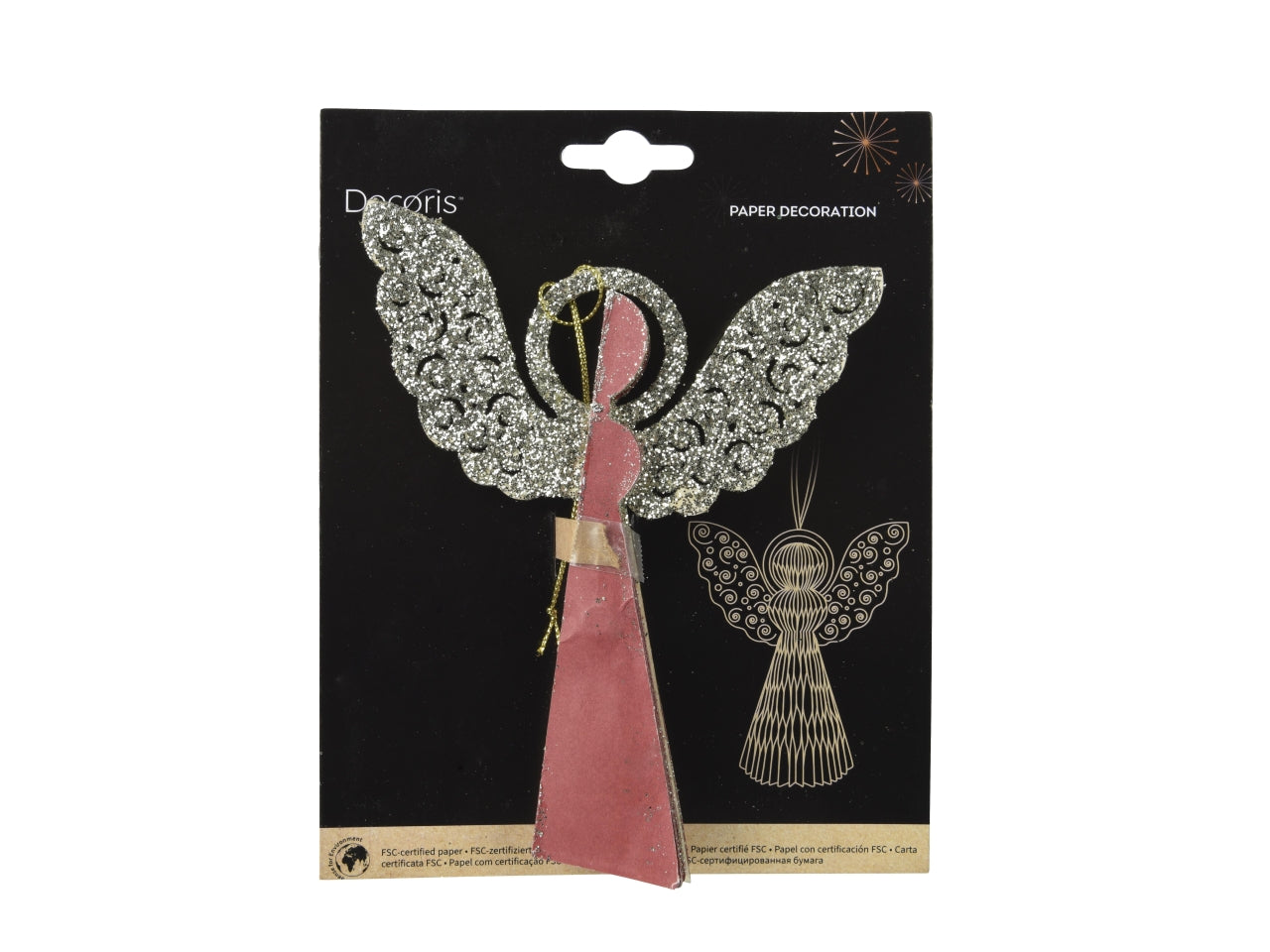 Pendente natalizio angelo in carta rosso bordo glitterato chiusura magnetica d.12,5x15 cm - Decoris