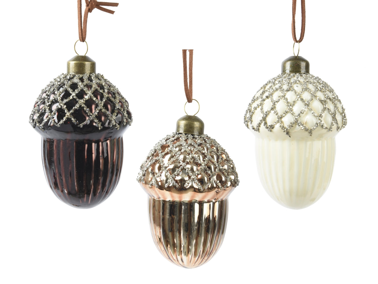 Pendente in vetro d.6,5x9cm a forma di ghianda argento all'interno lucida, smaltata con perline, oro in cima in 3 colori assortiti