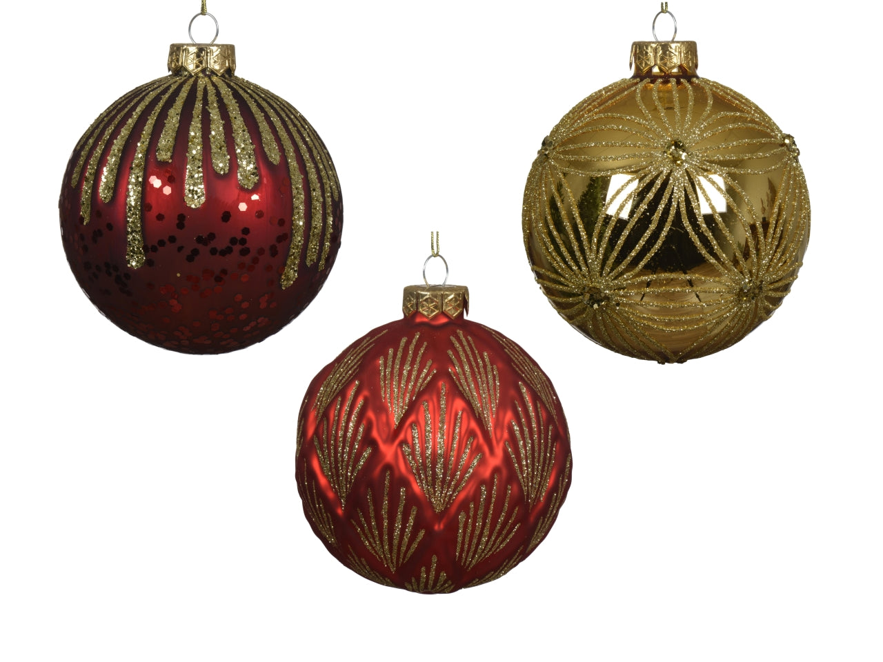 Palla di vetro d.10cm lucida, glitterata opaca, decorazione paillettes rossa in 3 assortimenti