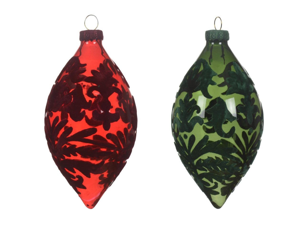 Palla di vetro d.6,5x13cm a forma d'oliva finitura floccata con velluto stampa barocca in 2 colori assortiti - la confezione contiene 2 palle