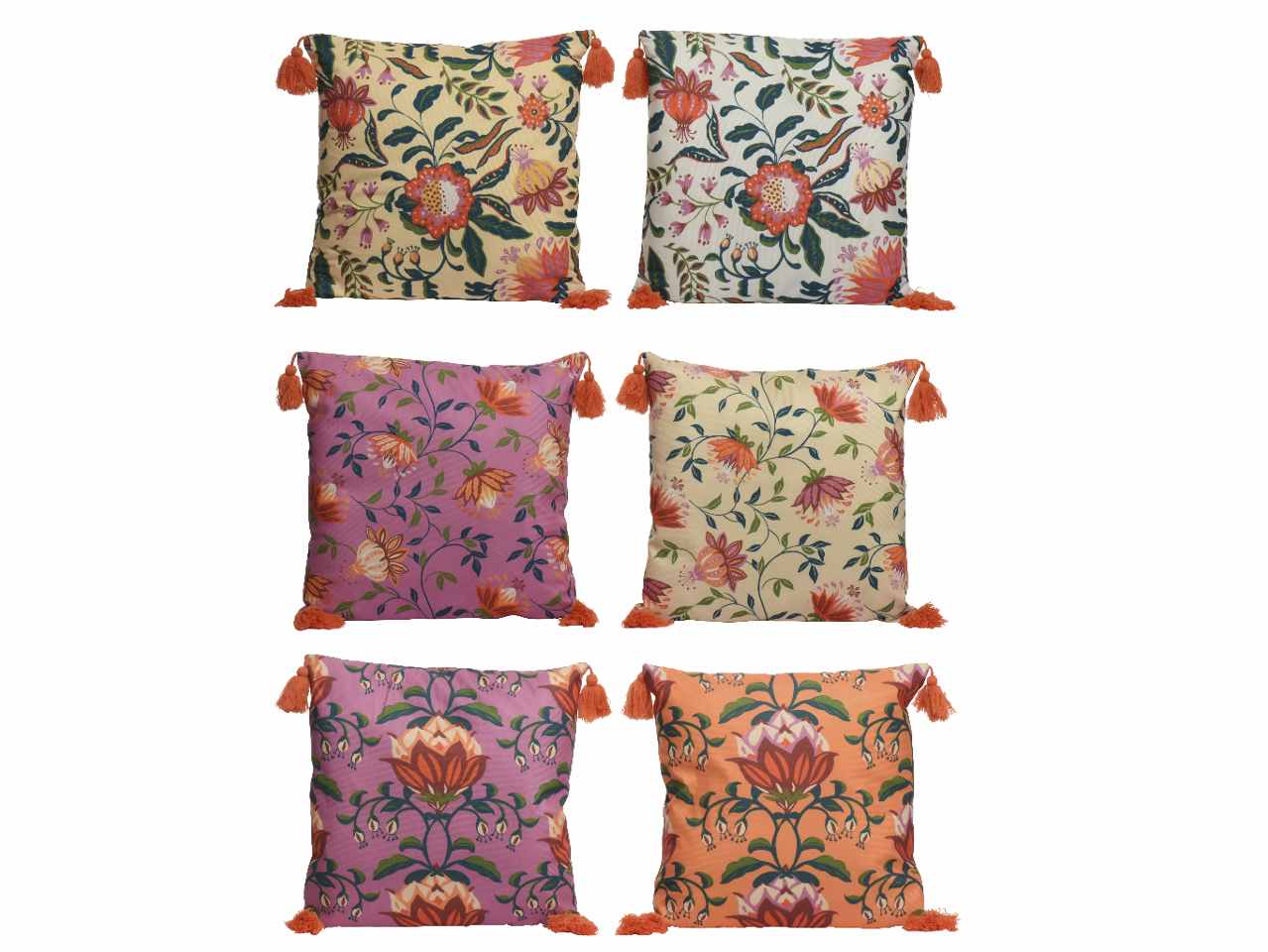 Cuscino decorativo in poliestere peso 350gr stampa floreale con nappina 6 assortimenti 45xh.2.5cm