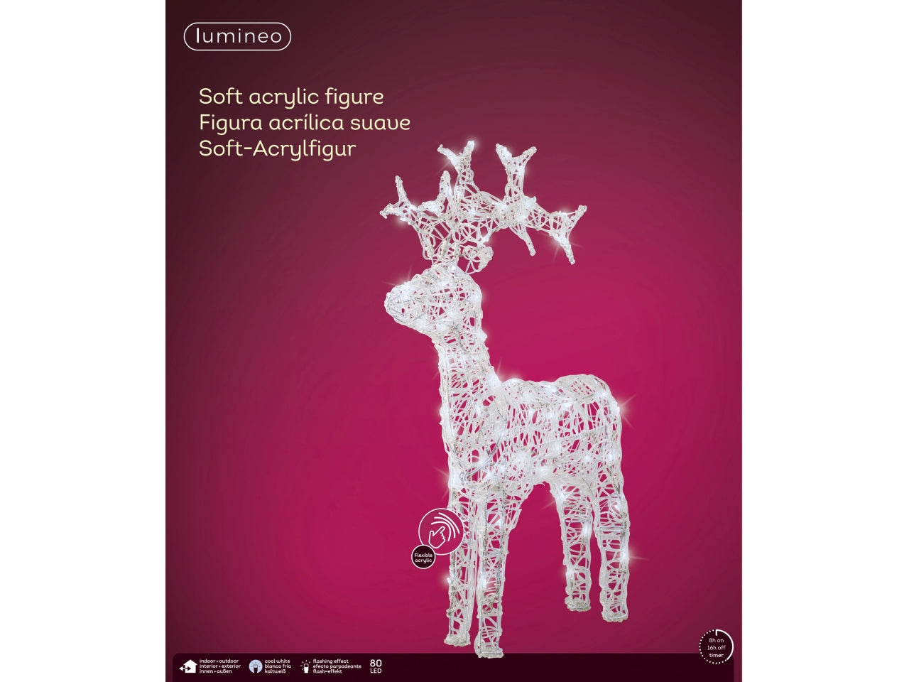 Renna 3D luminosa bianco freddo con 80 led effetto lampeggiante 57,5x18x89 cm - Lumineo
