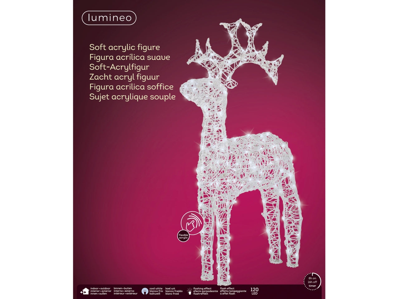 Renna 3D luminosa bianco freddo con 120 led effetto lampeggiante 72x23x116 cm - Lumineo