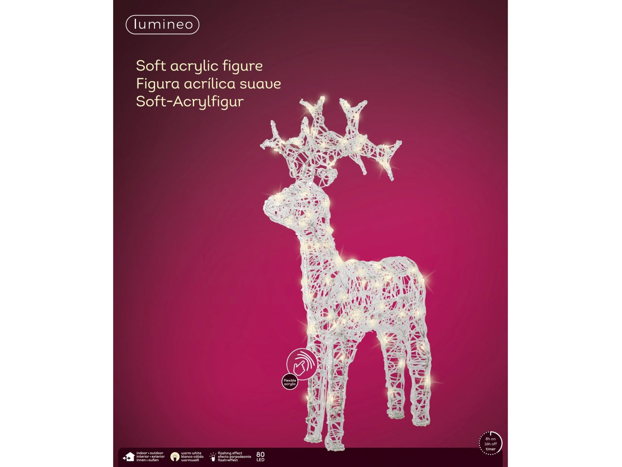 Renna decorativa morbida con led 57,5x18x89cm effetto lampeggiante bianca per uso esterno