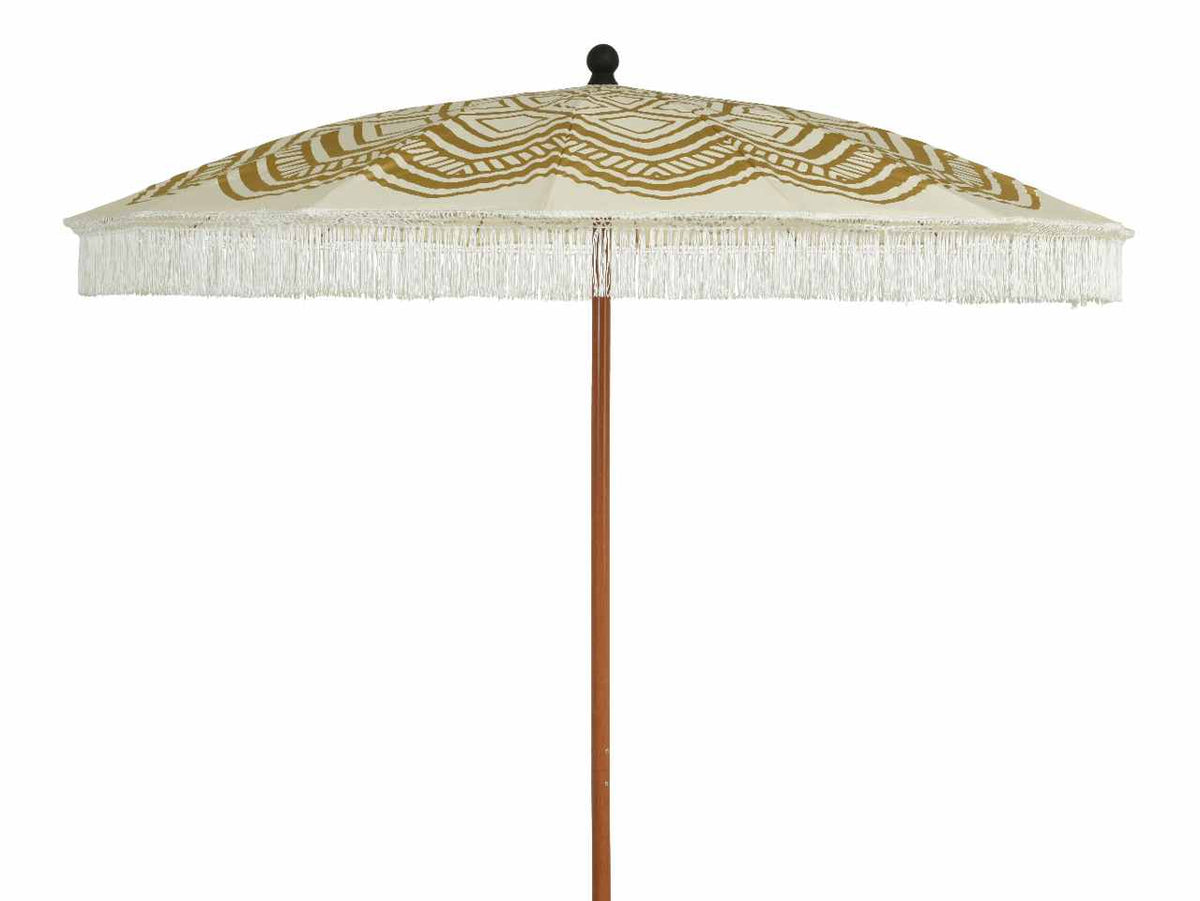 Ombrello con fodera in poliestere 160gr idrorepellente da esterno con frange bianche finiture del palo in legno verniciato a polvere stecche verniciate a polvere marrone pieghevole palo in acciaio d.28-32mm misure d.200xh.220cm 2 disegni assortiti
