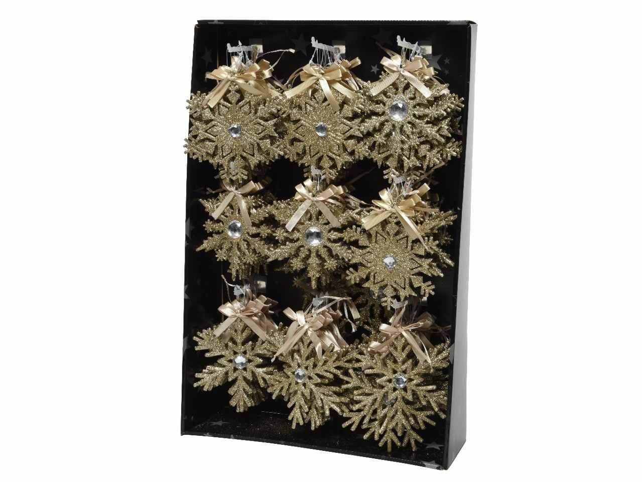Appendino in plastica fiocchi di neve con glitter e cristalli 0,5xx d.15 champagne