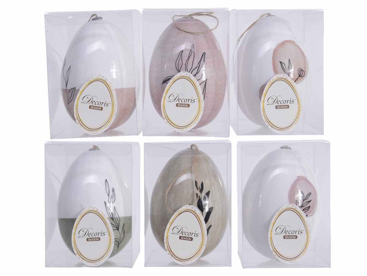 Uova pasquali in box trasparente con gancio e corda in juta appendibili 6 decorazioni assortite di fiori e erbe secche d.9xh.12cm