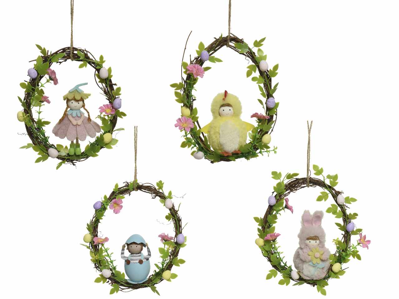 Ghirlanda con figure decorative con corda in juta appendibile 4 assortimenti coniglio bambino fiore uovo e pulcino 6xh.20cm