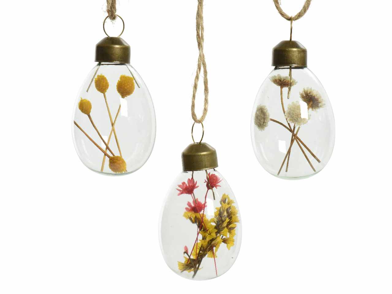 Uovo di vetro trasparente con gancio e corda in juta per sospensione 3 assortimenti di fiori secchi 3.5xh.5cm